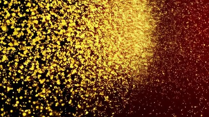 Wall Mural - dynamic shimmering golden particles suspended in a flowing stream on a rich red gradient background 