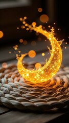 Wall Mural - Glowing orange crescent moon is floating in the air. The image has a dreamy