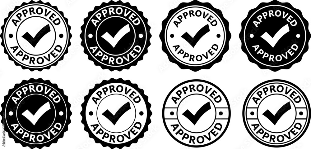 approved check mark rubber stamp icons in black and white circular and ...