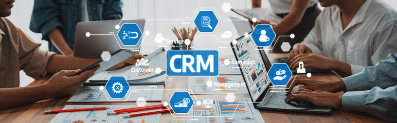 Fototapete - Panorama shot analyst team utilizing BI Fintech to analyze financial report with laptop. Businesspeople analyzing BI power dashboard displayed on laptop screen for business insight. Scrutinize Amity