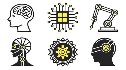 Collection of graphical depictions showing artificial intelligence and robotics concepts and designs