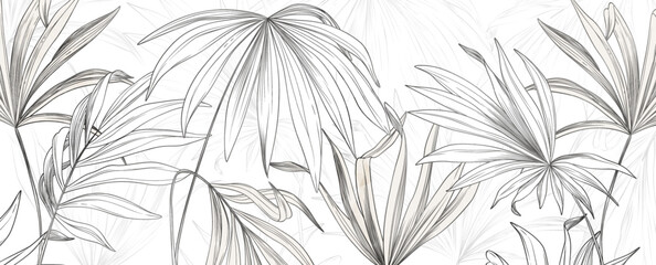 Wall Mural - black and white tropical art background with exotic tree leaves and line art elements. botanical ban