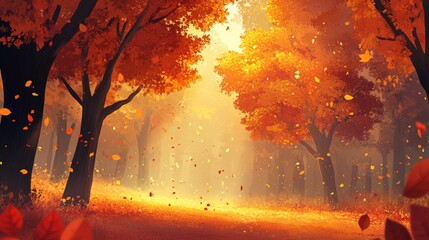 Wall Mural - A vibrant autumn forest with trees in full fall color, leaves gently falling, and a golden glow in the air. --ar 16:9 --v 6.1 Job ID: b6142d1f-c579-49b0-9a71-81f2143599f7