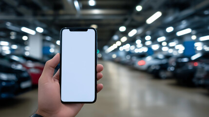Close-up of a hand holding a smartphone with blank white screen in an underground parking lot with blurred cars in background.
