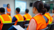 © Curioso.Photography - Group of workers wearing orange safety vests attending a training session or safety presentation in an industrial setting.