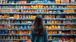© Curioso.Photography - Woman standing in front of a fully stocked supermarket shelf filled with colorful snack packages.