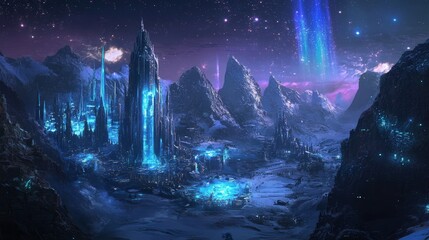 Wall Mural - A world covered in glittering, transparent ice, with underground cities illuminated by glowing crystals and aurora-like patterns in the sky. 