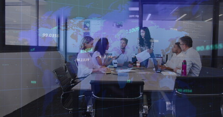Wall Mural - image of data processing over diverse business people at meeting