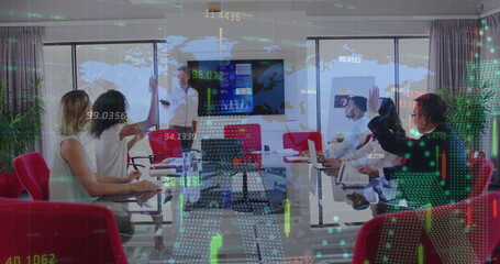 Wall Mural - image of financial data processing over business people in office