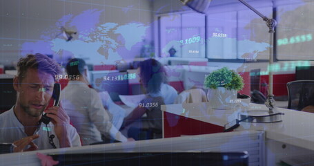 Wall Mural - image of data processing over diverse business people in office
