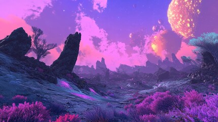 Wall Mural - Alien Landscape - An exotic alien landscape with multi-colored skies and bizarre terrain.