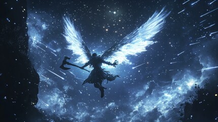 Wall Mural - An anime warrior with ethereal, glowing wings, wielding a large battle axe, flying through a darkened sky filled with shooting stars