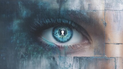a close-up of an eye with digital code and keyhole symbols in the iris, set against a backdrop of pi