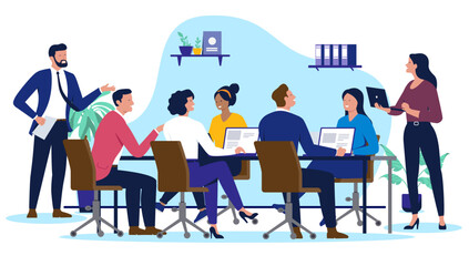 Poster - Team of business professionals in a modern office collaborating during a productive meeting, with colleagues discussing strategy around a conference table with laptops. Teamwork concept in flat design