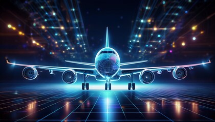 hyperrealistic 3d wireframe airplane takes off from airport at night under shining lights