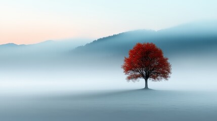 Wall Mural - a solitary red tree rises from a blanket of fog in a serene landscape during early morning. soft pas