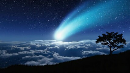 Wall Mural - a comet is shooting through the sky above a tree. the sky is dark and cloudy, and the comet is the o