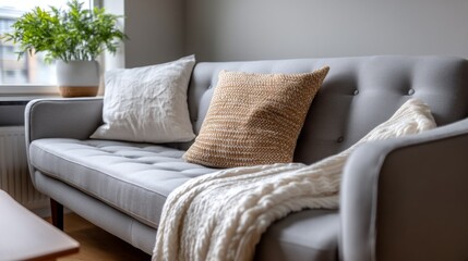 Fototapete - Bright and inviting living room features a grey sofa adorned with plush cushions and a chunky knit throw. A potted plant adds a touch of nature, enhancing the cozy atmosphere