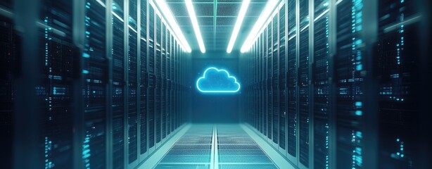 Leinwandbilder - 3D rendered data center hallway glowing with blue lights and a neon cloud icon, ideal for cloud computing, server hosting, or data storage technology promotions