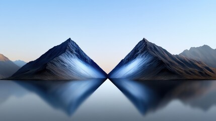 Wall Mural - Majestic mountain peaks rise sharply from a serene lake, their reflections creating a striking symmetry. The calm morning light casts a soft glow, enhancing the tranquil landscape.