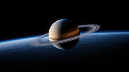 Wall Mural - a stunning view of saturn showcasing its iconic rings and gaseous surface. a nearby blue planet adds
