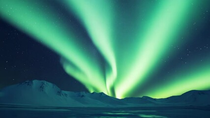 Wall Mural - the sky is filled with a beautiful green aurora. the mountains in the background are covered in snow