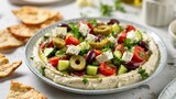Greek salad dressing. A dish of layers of hummus and Greek yogurt with creamy herb filling, garnished with sliced cucumbers, cherry tomatoes, Kalamata olives and chopped feta cheese.