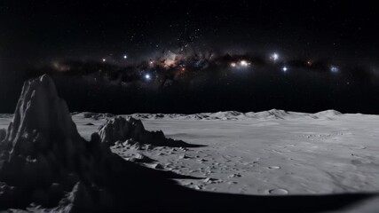Barren alien landscape under starry sky with jagged black mountains and moonlight