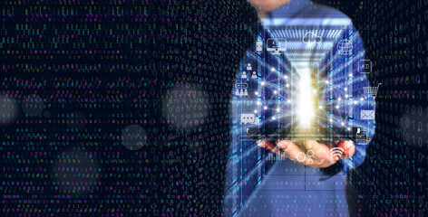 digital technology and cloud computing concept: a man using a tablet to connect to an online data se