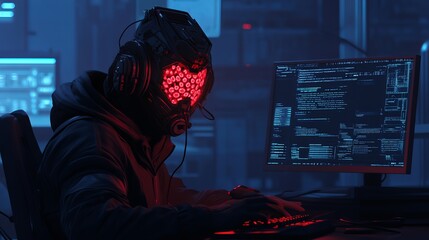cyberpunk hacker neon red lights futuristic helmet digital art sci fi gaming technology computer scr