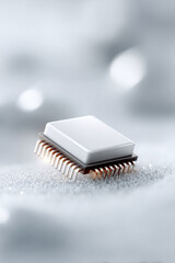 Wall Mural - closeup of a microchip resting on a shimmering surface. a minimalist, hightech aesthetic evokes conc