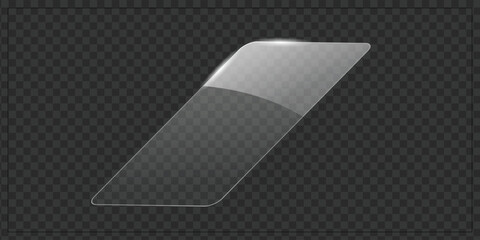 Angled floating diagonal transparent glass interface element with light shine on transparent background