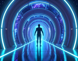 Wall Mural - Futuristic Spaceship Corridor Silhouette of Astronaut Facing Bright Nebula Light