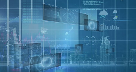 Wall Mural - image of data processing on blue digital screen