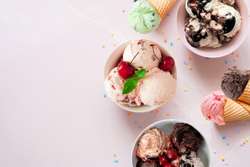Aufkleber - Summer ice cream side border. Bowls and cones of colorful assorted flavors. Top view on a soft pink stone background. Copy space.