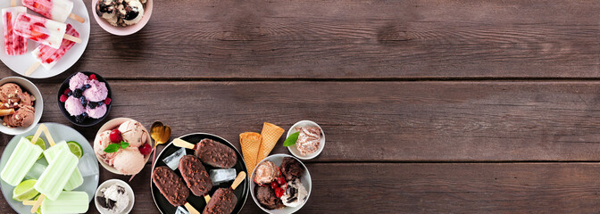 Aufkleber - Cool summer food corner border. Variety of ice cream bowls, popsicles and frozen treats. Top view on a dark wood banner background. Copy space.