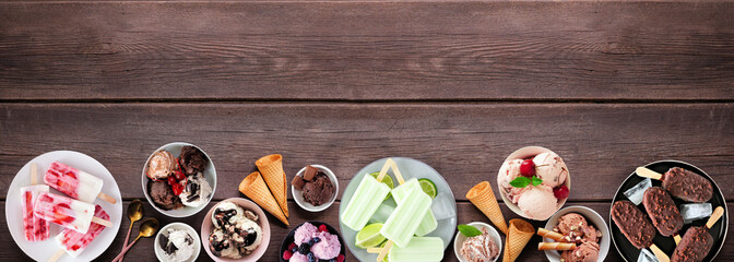 Aufkleber - Cool summer food bottom border. Variety of ice cream bowls, popsicles and frozen treats. Top view on a dark wood banner background. Copy space.