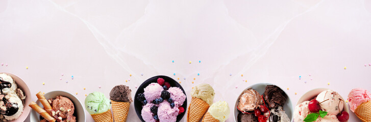 Aufkleber - Summer ice cream bottom border. Bowls and cones of colorful assorted flavors. Top view on a soft pink stone banner background. Copy space.