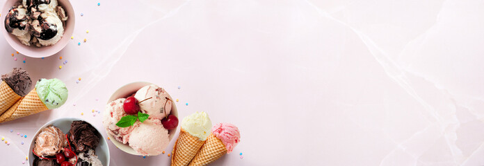 Aufkleber - Summer ice cream corner border. Bowls and cones of colorful assorted flavors. Top view on a soft pink stone banner background. Copy space.
