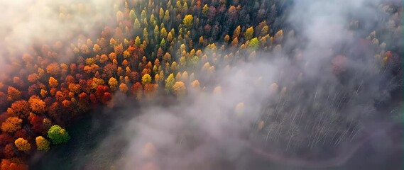 Wall Mural - anamorphic video light of sun with sunbeam in foggy forest in autumn nature