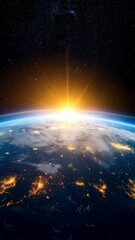 Wall Mural - striking view of earth at dawn showcasing city lights, the atmosphere, and a bright star field in sp