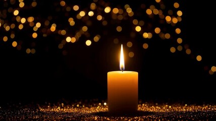 Wall Mural - close up of candle with flickering flame on glittery golden surface against black background with bo