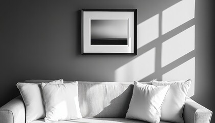 Aufkleber - Modern living room with minimalist design featuring a gray couch and a framed artwork illuminated by natural light from a window