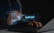 © MUNTHITA - Expert assistance online, remote technical support with virtual icons showing gears, customer service, and global business connectivity. AI technology support automation tool and innovation.