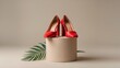 © Photonique - Luxurious pair of vibrant red high heels shoes displayed on a beige product podium with tropical leaf against studio background, copy text space, fashion banner template for branding and advertising