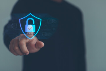 Aufkleber - Businessman touching on virtual screen key lock for secure access, multi factor authentication, digital lock icon, cyber security interface. Showcases modern technology for access authentication.