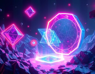 Fototapete - Futuristic Hologram Display, A Vibrant Digital Art Piece Featuring Geometric Forms And Neon Lights. The Glowing Shapes Create A Sense Of Depth And Wonder. Perfect For Tech Visuals.