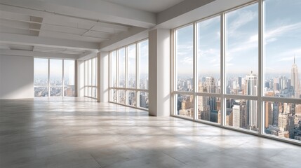 Fototapete - Bright and airy empty office interior featuring expansive windows that provide panoramic views of the bustling cityscape under a clear sky