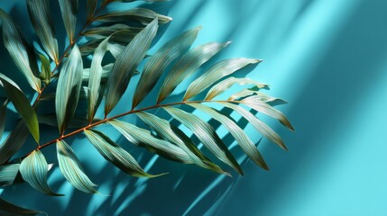 Fototapete - Bright turquoise surface enhances the beauty of green leaves, showcasing intricate patterns as sunlight filters through. The shadows create a captivating visual effect, emphasizing nature's elegance