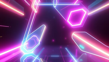 Aufkleber - Abstract Forms Dance, Neon Lights Glow. Futuristic Shapes In Holographic Motion. Vibrant Colors Create A High Tech Environment. Geometric Design Shimmers.
